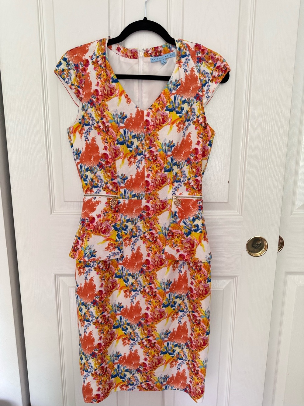 ANTONIO MELANI White Orange Floral V-Neck Peplum Midi Dress